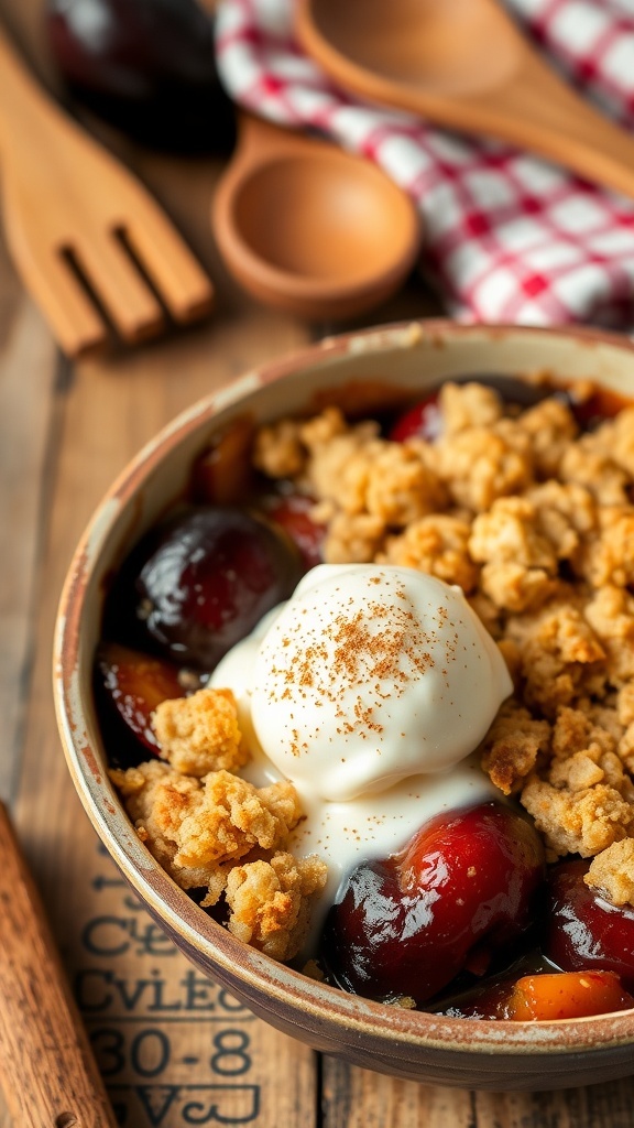 Plum Crumble Recipe A delicious plum crumble with a golden topping and a scoop of vanilla ice cream, set in a rustic kitchen.